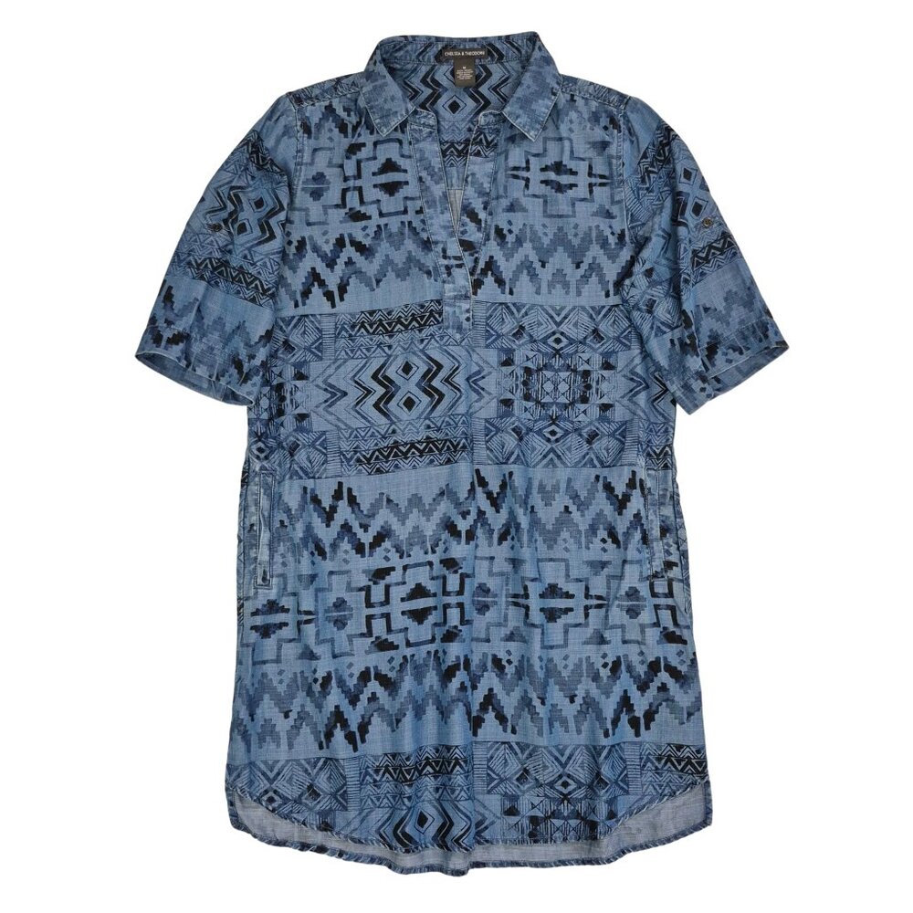Chelsea & Theodore Shirt Dress Size M 3/4 Roll Tab Sleeve Tencel Blue, Pockets